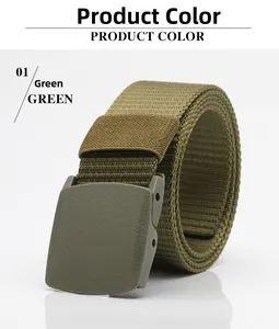 Close-up of green nylon tactical belt with durable plastic buckle and woven texture