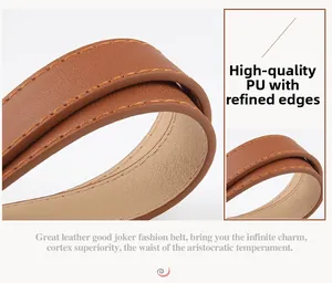 Detailed close-up of brown PU leather belt showing orange stitching and glazed edges