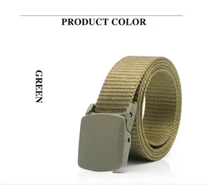 Detail of green tactical canvas belt with matte buckle and twill weave structure