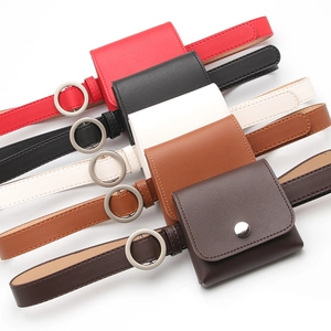 Women Faux Leather Thin Belt With Removable Small Pouch Round Alloy Buckle Litchi Pattern Waist Bag Casual Trouser Belt