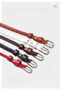 Detail of five assorted leather skinny belts with hollow patterns and oval metal buckles