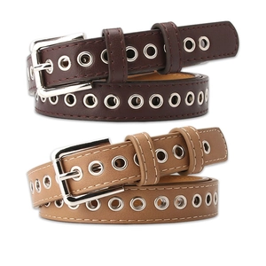 Women's PU Leather Grommet Belt Fashion Hollow Metal Eyelet Waist Strap Versatile Punk Style Waistband with Needle Buckle For Jeans