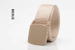 Detail shot of beige nylon belt showing textured high-density weave and matte plastic buckle