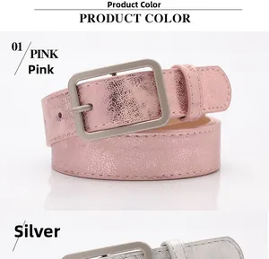 Close-up of metallic silver and pink PU leather belts with square alloy pin buckles