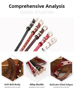 Detail of genuine leather skinny belts with star hollow pattern and gold alloy buckles