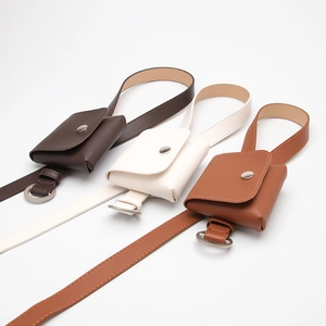 Three-color set of fashion waist belts with small pouches in brown, beige, and tan leather