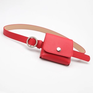 Red lychee texture skinny belt with matching square waist pouch and silver round buckle