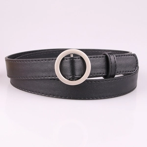 Minimalist black leather belt for women featuring a round silver metal buckle