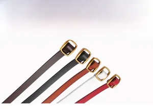 Detail view of colorful slim genuine leather belts with golden square metal buckles