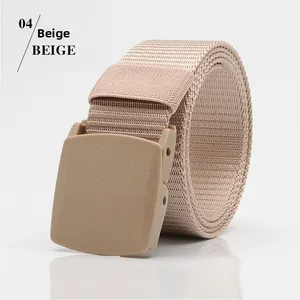 Detail of beige nylon tactical belt with quick-release plastic buckle for outdoor use
