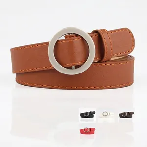 Women Fashion Simple Faux Leather Thin Belt Minimalist Circular Buckle Adjustable Waist Strap For Jeans Dress Accessories