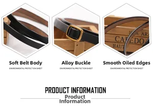 Detail view of black slim leather belt featuring golden alloy buckle and refined edge oil
