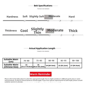 Size chart showing leather belt specifications, thickness, and waist size measurements