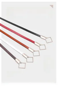 Detail view of five assorted slim leather belts with elegant golden geometric metal buckles