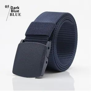 Detail view of navy blue canvas tactical belt with matte grey plastic buckle