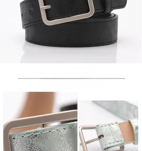 Detail of matte metal buckle and precision stitching on black and green PU belts