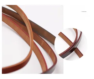 Detail view of double-sided thin leather belt with smooth oil edges and brown texture