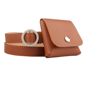 Caramel brown leather waist belt bag with a silver round buckle and small square pouch