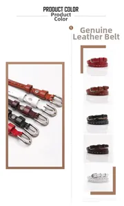 Detailed close-up of hollowed-out thin leather belts in five colors with silver buckles