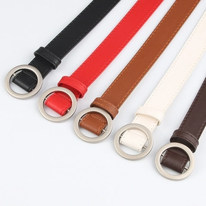 Minimalist women's thin PU leather belts with silver round buckle in five classic colors