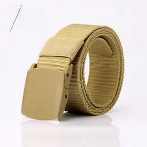 Detailed view of heavy-duty khaki nylon tactical belt with durable POM plastic buckle