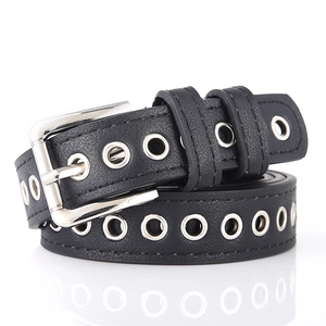 Women's black leather punk belt with silver metal eyelets and classic square pin buckle