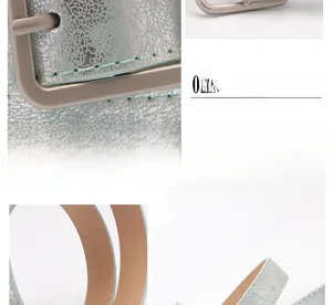 Detail of mint green crackle effect belt with a matte silver alloy square buckle for jeans