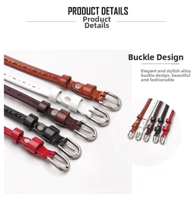 Detail view of five assorted slim leather belts for women with polished alloy buckles