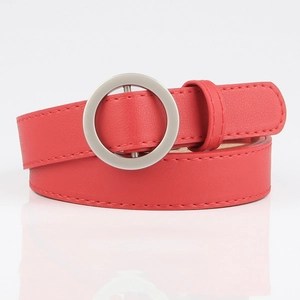 Red minimalist PU leather belt for women with elegant silver matte round buckle