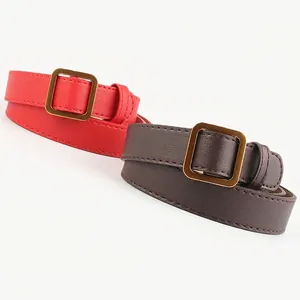 Ceintures fines pour femmes en cuir rouge et marron avec boucles carrées dorées minimalistes