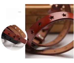 Detail of dark brown leather belt showing hollow star pattern and oil-edge finish