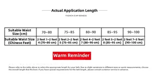 Size chart for genuine leather women belt showing length in cm and waist measurements
