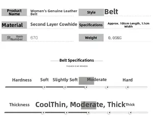 Detailed dimensions of a slim 105cm genuine cowhide leather belt for women