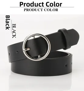 Detail view of the black leather belt featuring a classic silver round metal buckle