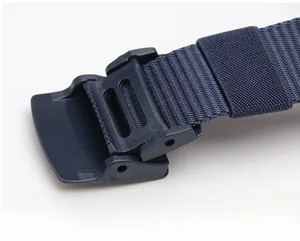 Close-up of durable nylon tactical belt showing plastic buckle and precision bite teeth detail
