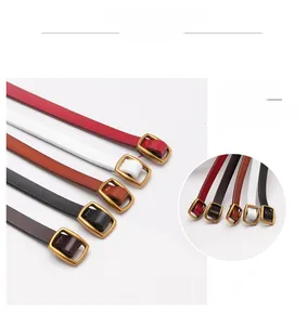 Detail of elegant alloy buckle and premium thin leather belts in multiple colors