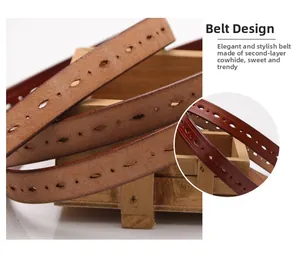 Detail of genuine split leather thin belt featuring vintage hollow-out pattern design