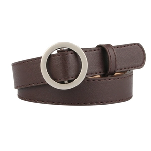 Minimalist dark brown leather belt for women featuring a sleek silver circular buckle design