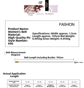 Tableau des tailles détaillé pour ceinture fine en PU pour femmes avec guide de mesure