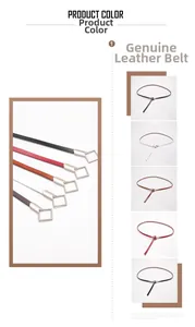 Detail showing five colors of genuine leather belts with silver metal square buckles