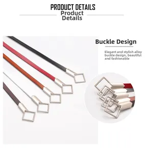 Detail view of five assorted slim leather belts for women with hollow alloy buckles