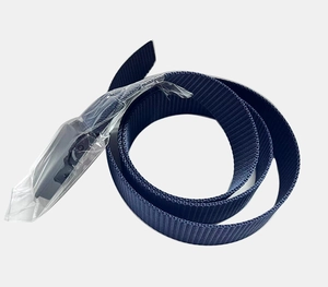 Detailed view of dark blue nylon woven belt with black buckle and protective plastic film