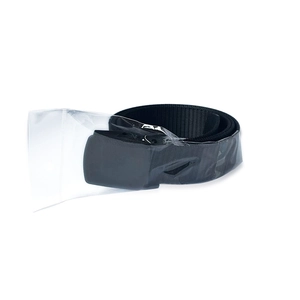 Close-up of black tactical nylon belt with matte buckle and durable woven texture