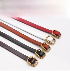 Detail of slim leather belts for women in multiple colors with gold square metal buckles