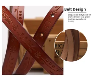 Macro detail of embossed floral pattern on genuine brown cowhide leather belt strap