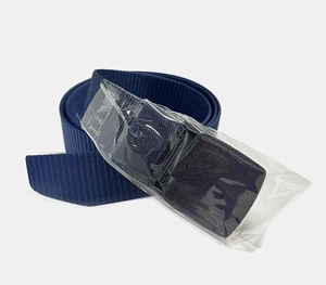 Close-up of a navy blue nylon tactical belt with a black plastic buckle and protective film