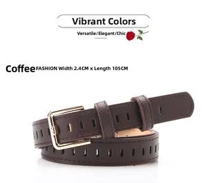 Detail view of coffee brown hollow belt showing width 2.4cm and length 105cm specs
