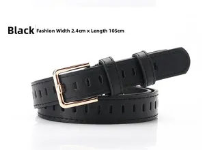 Detail view of 2.4cm wide black leather belt with golden buckle and oval adjustment holes