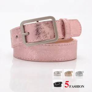 Fashion women's pink metallic PU leather belt with square alloy buckle and vintage texture
