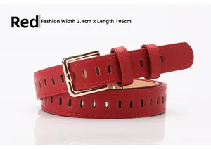 Detail of red hollow-out leather belt with gold pin buckle measuring 2.4cm by 105cm